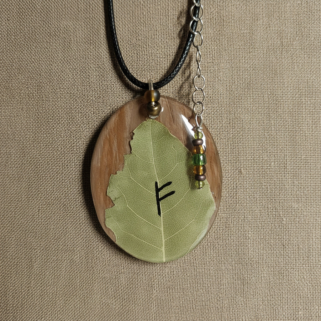 Handmade Fehu Prosperity Bay Leaf On Wood Necklace, Infused With Selenite Crystal