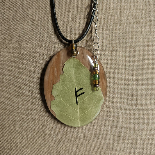 Handmade Fehu Prosperity Bay Leaf On Wood Necklace, Infused With Selenite Crystal