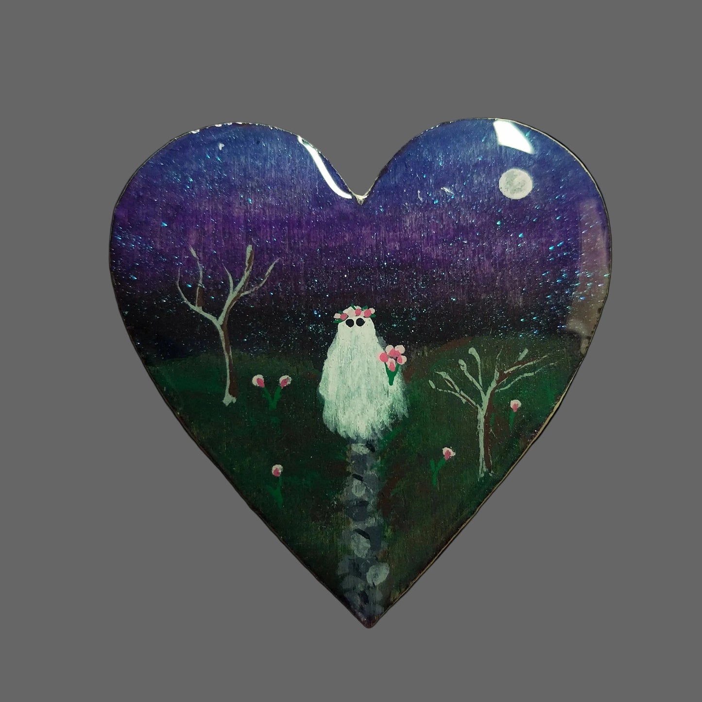 Hand-painted Wood and Resin Heart Ghost Magnets In Multiple Styles