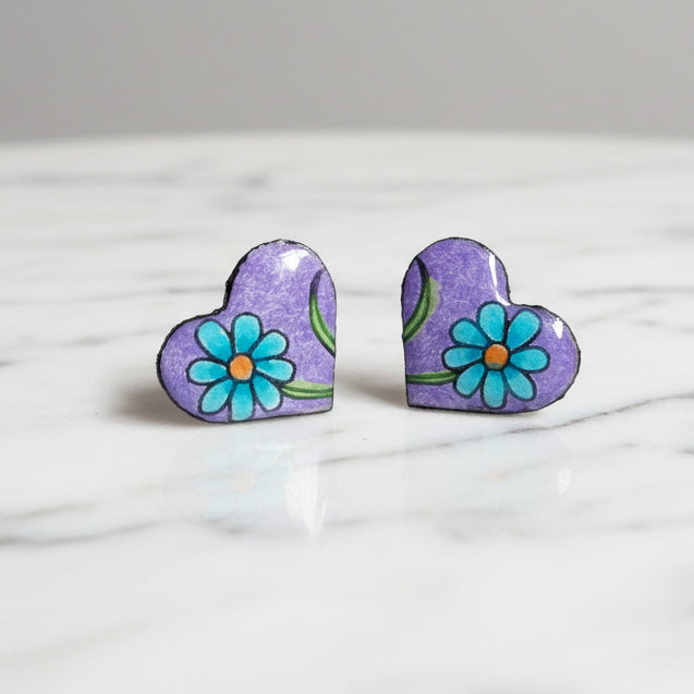 Handmade Blue Flower Heart Stud Earrings