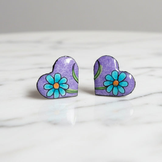 Handmade Blue Flower Heart Stud Earrings