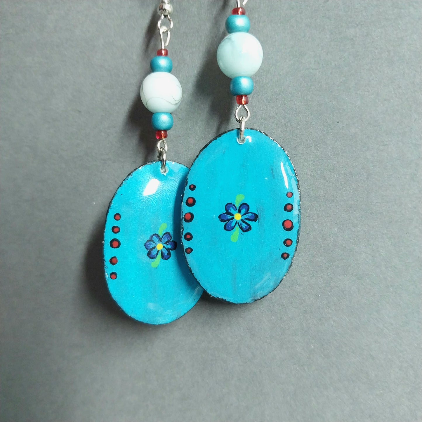 Handmade Petrita Sugar Skull and Flower Earrings With Blue Marbled Glass Beads