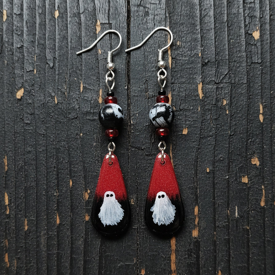 Vampy Boo Hand-painted Ghost Earrings With Glass Beads