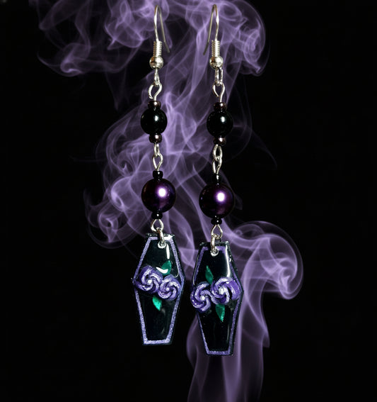 Handmade Purple Flower Coffin Earrings With Purple Glass Beads