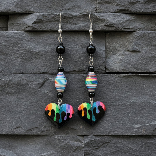 Dripped Rainbow Heart Earrings With Rainbow Colored Handmade Paper Beads and Glass Beads