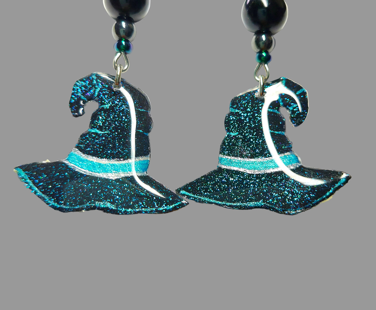 Handmade Blue Glittery Witch Hat Earrings With Black Glass Beads