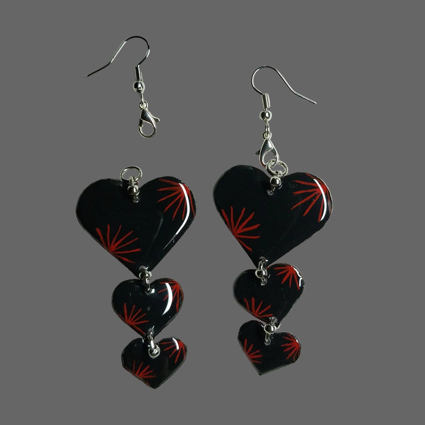Reversible Handmade Red and Black Starburst Heart Earrings