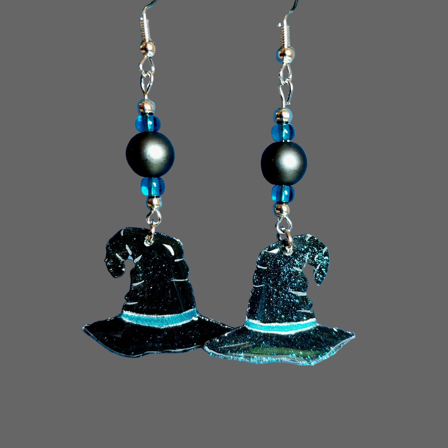 Handmade Blue Glittery Witch Hat Earrings With Green Glass Beads