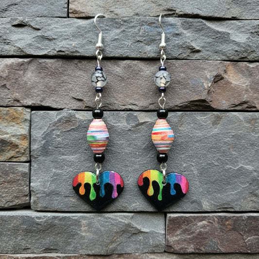 Dripped Rainbow Heart Earrings With Rainbow Colored Handmade Paper Beads and Agate Beads
