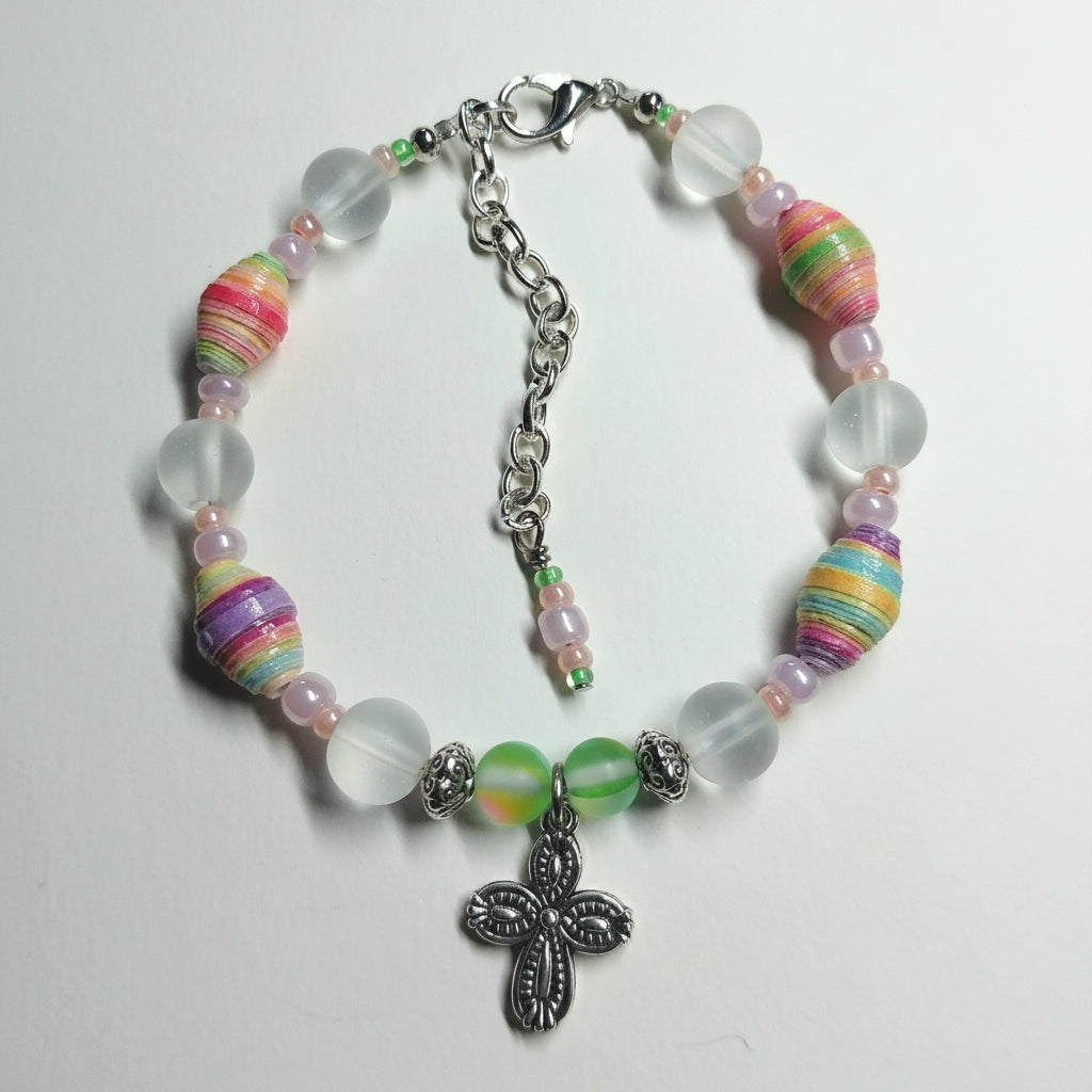 Adjustable Cross Bracelet With Rainbow Pastel Handmade Paper Beads and Glass Beads