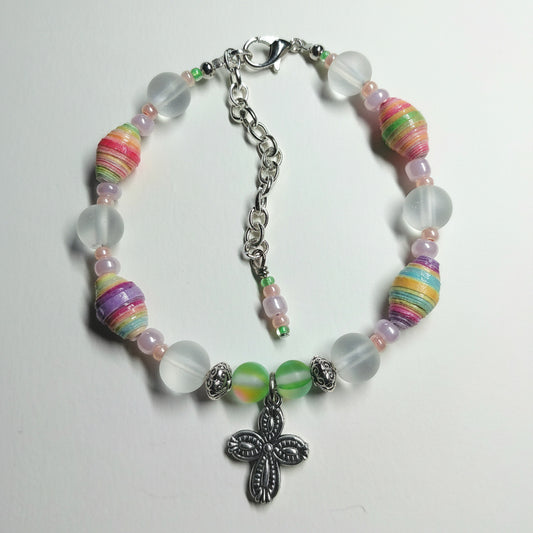 Adjustable Cross Bracelet With Rainbow Pastel Handmade Paper Beads and Glass Beads