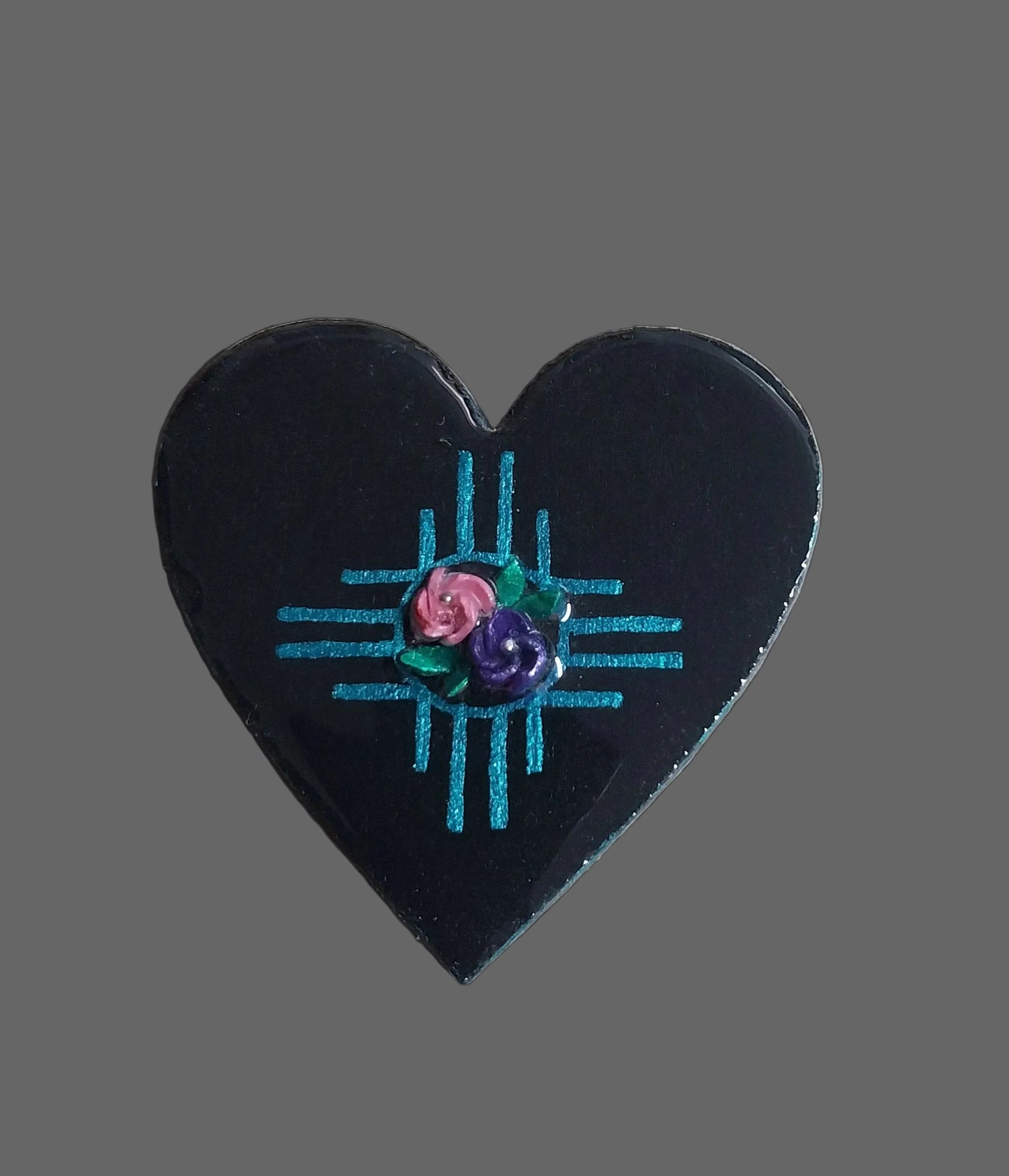 Hand-painted Wood and Resin Teal Zia With Flowers Magnet
