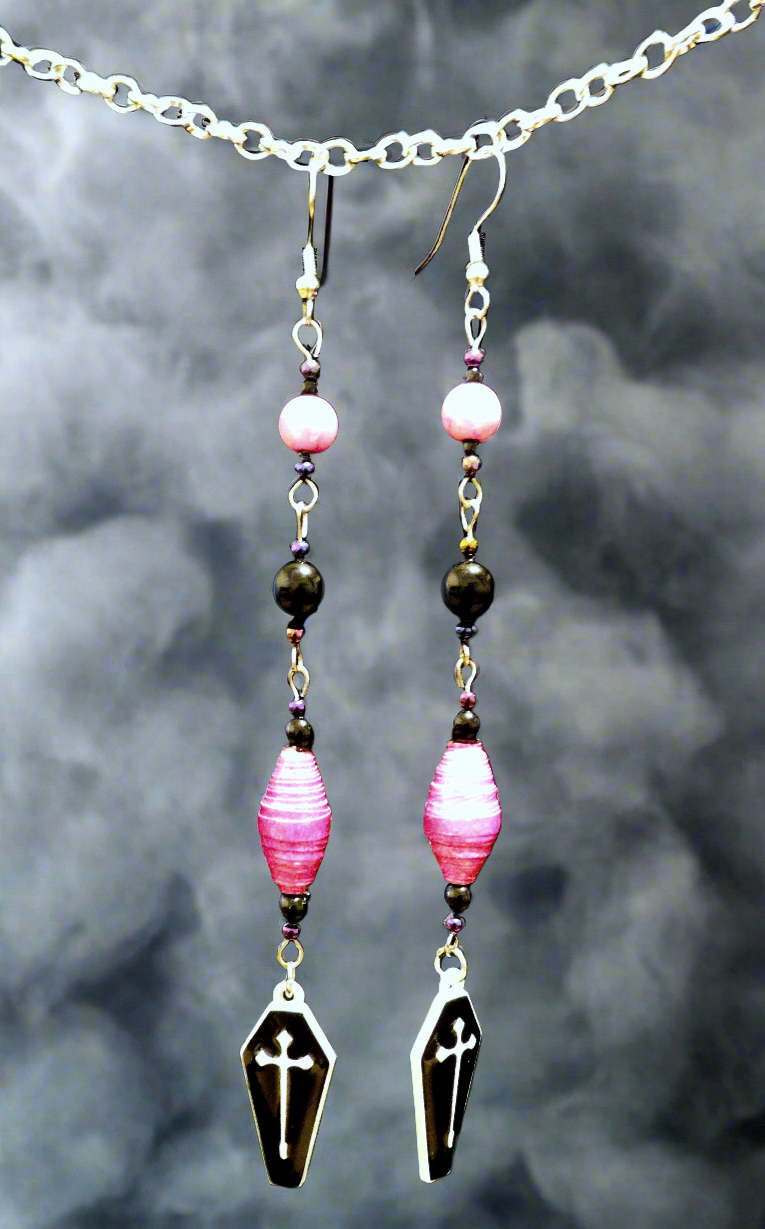 Coffin Earrings With Pink Handmade Paper Beads and Glass Beads