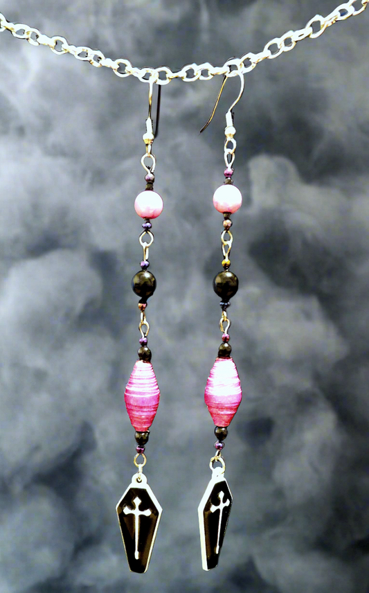 Coffin Earrings With Pink Handmade Paper Beads and Glass Beads