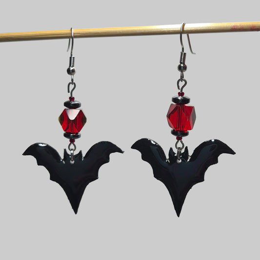 Handmade Bat Romance Earrings With Red Glass Beads