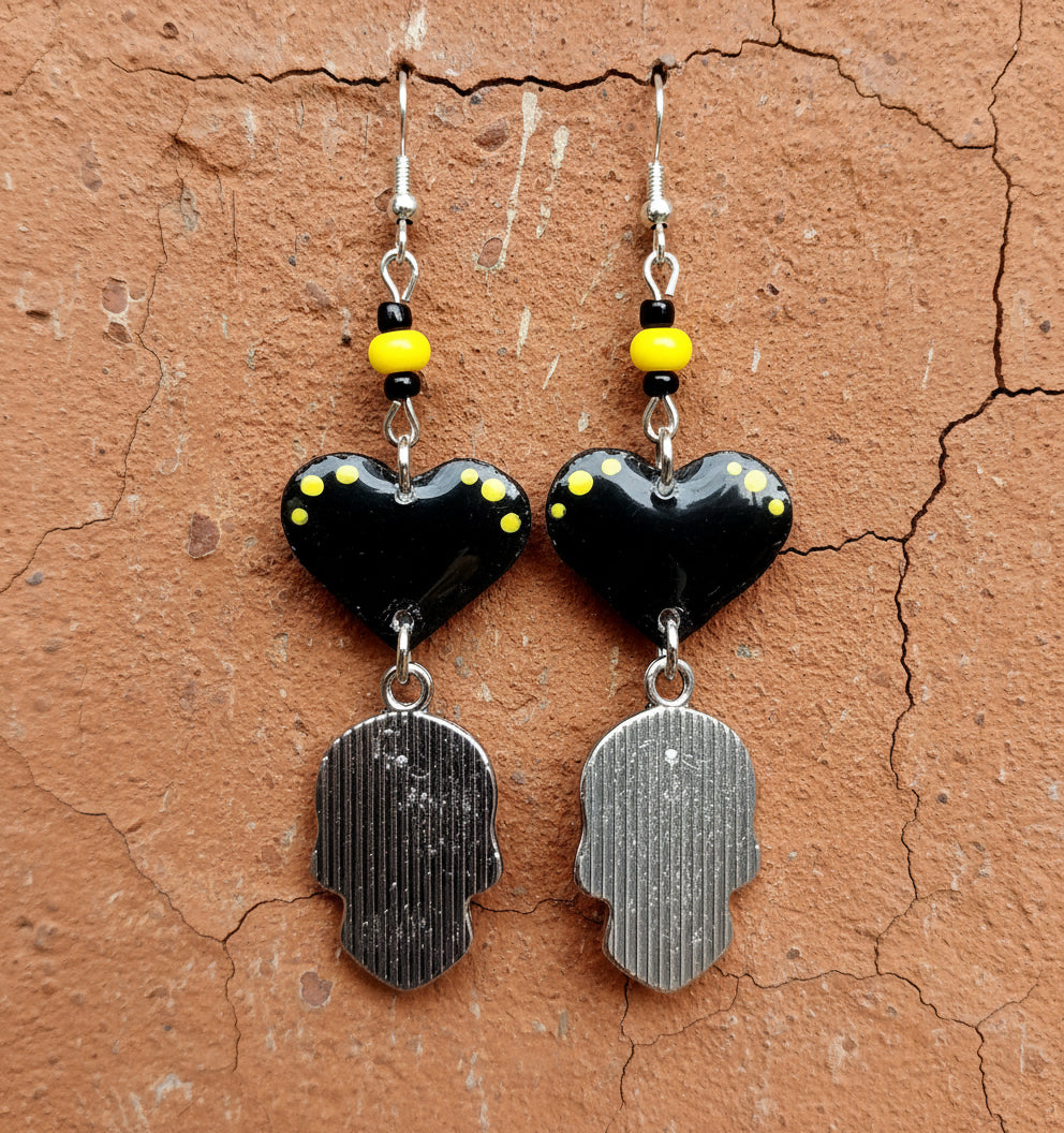 Yellow Sugar Skull Earrings With Handmade Hearts