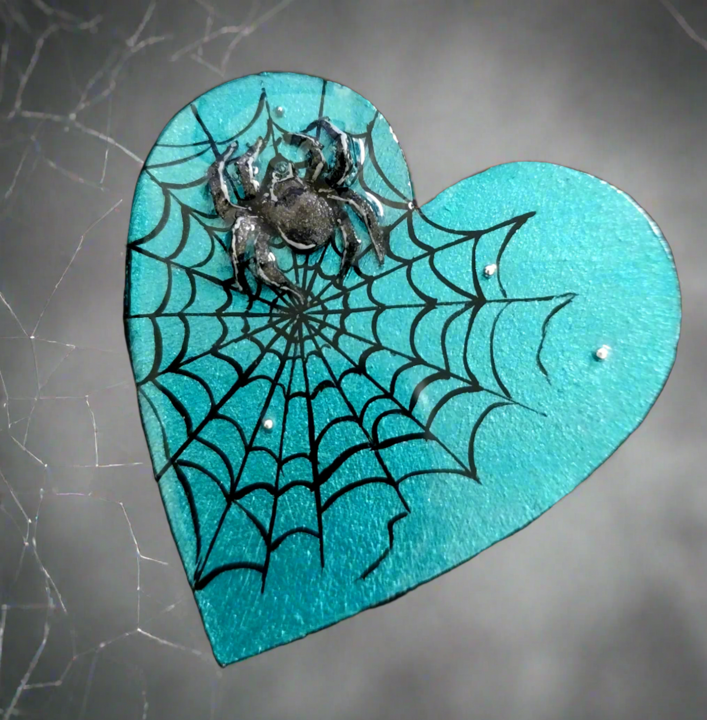 Hand-painted Wood and Resin Spider On Web Heart Magnets In Multiple Colors