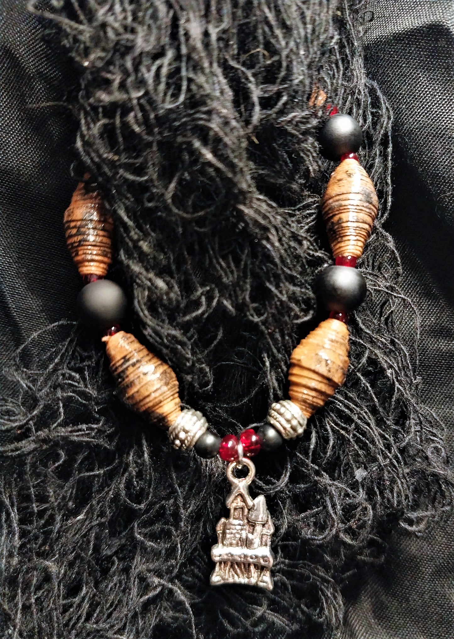 Bracelet With Haunted House, Brown Distressed Handmade Paper Beads, and Black Beads